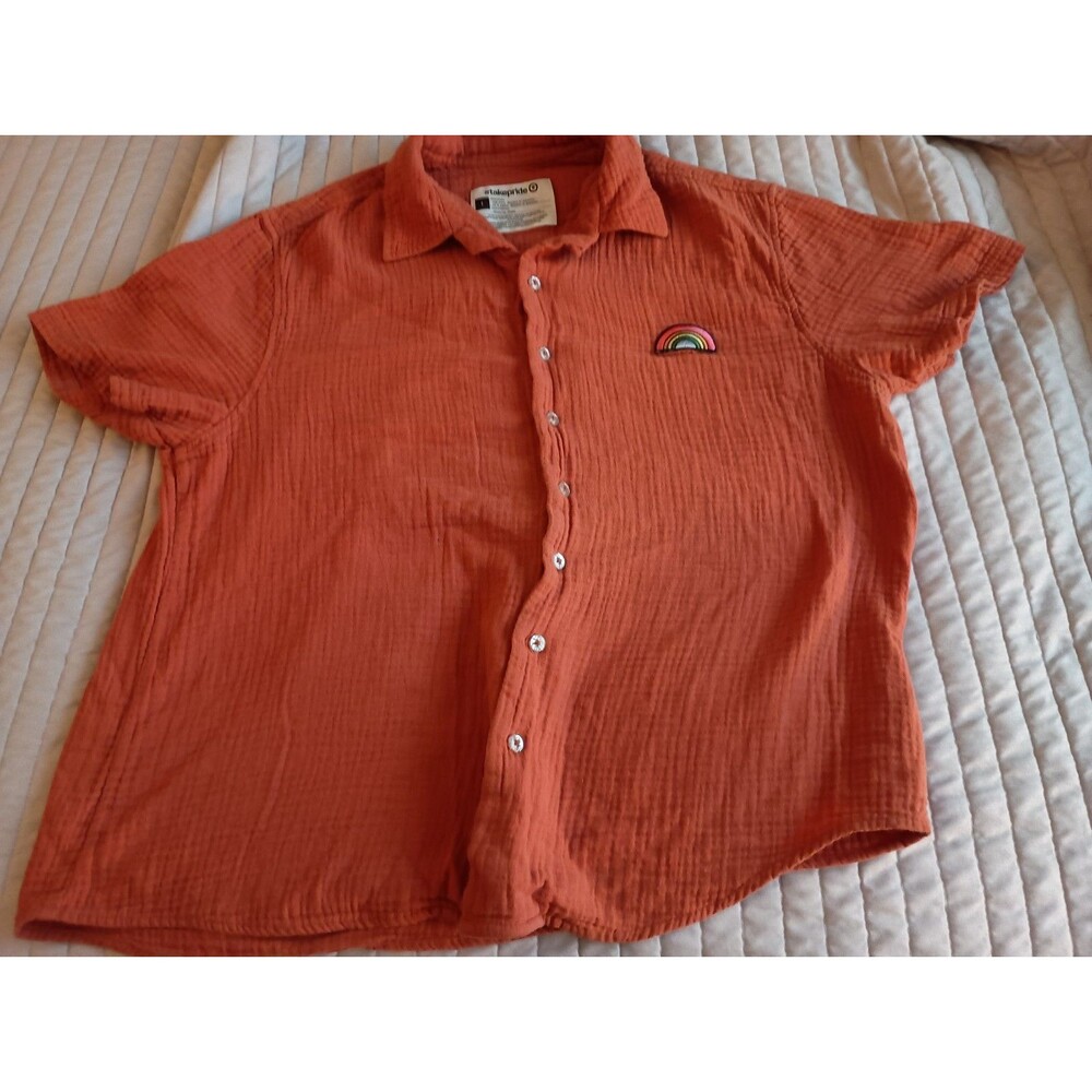 Take Pride Button Up Short Sleeve Orange Shirt Size L Rainbow Chest Patch